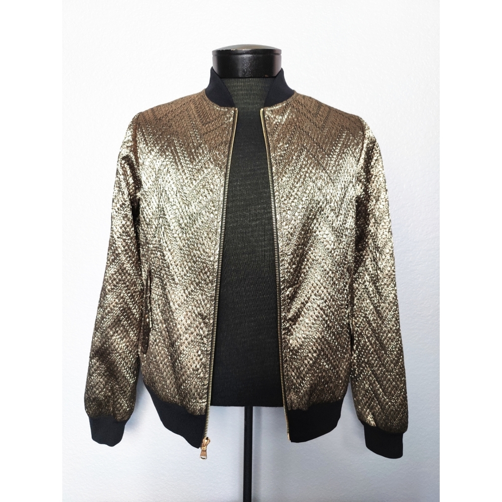 Trina Turk gold black metallic chevron zip bomber jacket M NWT